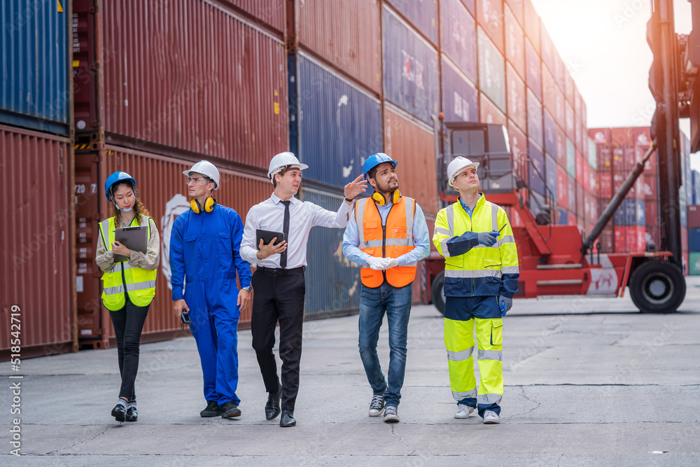 Poster Engineer container cargo with worker working and checking stock into container for loading,logistic and business export,Cargo Shipping Import and Export industry.