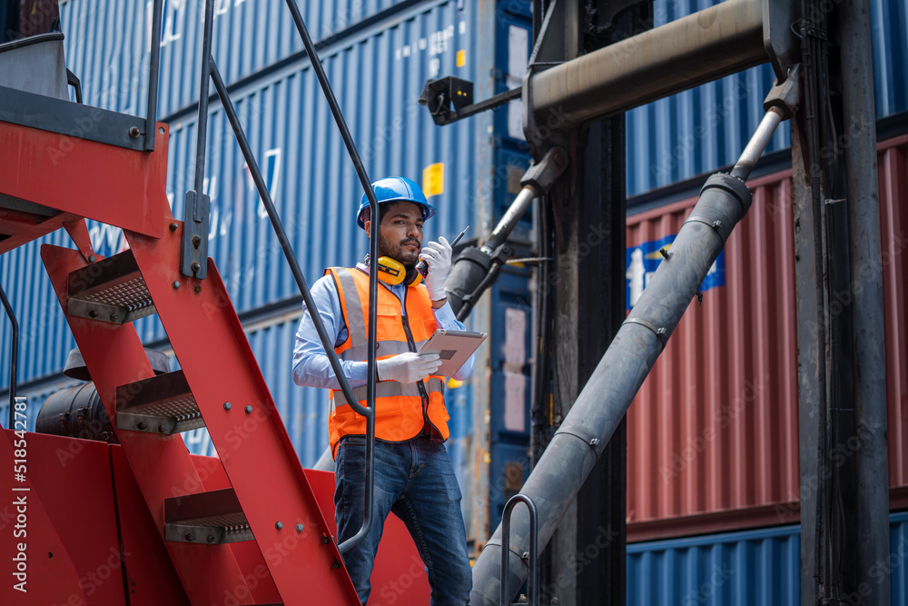 Poster Foreman checking Containers box with shipping containers before departure for export business logistic company .