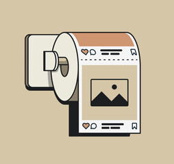 Social network news feed illustrated as a toilet paper roll as conception of media content addiction or fake news or pollution of perception. Vector illustration