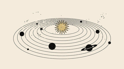 Vintage styled illustration of the solar system with the sun and various planet silhouettes on they own orbits isolated on light background. Vector illustration - obrazy, fototapety, plakaty