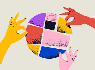 Fototapeta Team work or collaboration or partnership concept illustration with the hands are put together parts of abstract round shape. Vector illustration obraz