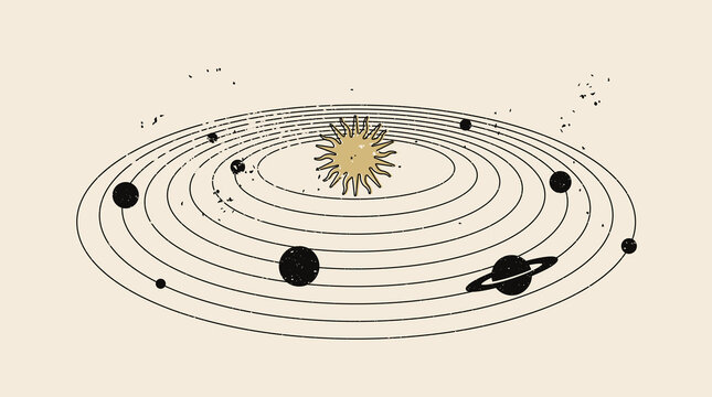 Vintage styled illustration of the solar system with the sun and various planet silhouettes on they own orbits isolated on light background. Vector illustration