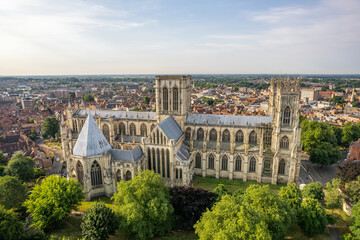 The drone aerial view of York Minister. York Minster is the largest Gothic cathedral in Northern Europe.  - obrazy, fototapety, plakaty