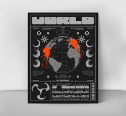 Retro futuristic poster with planet earth and spiders. Abstract horror print for streetwear, print for t-shirts and sweatshirts on a black background