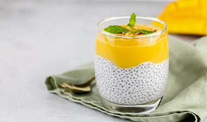 Chia seed pudding with mango and mint on a gray background, copy space.