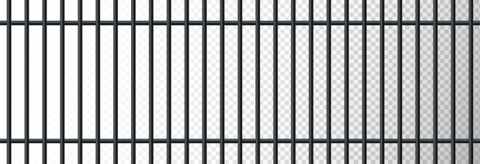 Realistic black prison metal bars isolated on transparent background. Iron jail dark cage. Prison fence jail. Template design for criminal or sentence. Vector illustration