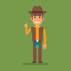 Cowboy showing thumbs up and smiling. Flat people. Vector Illustration