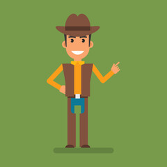 Cowboy pointing finger at and smiling. Flat people. Vector Illustration