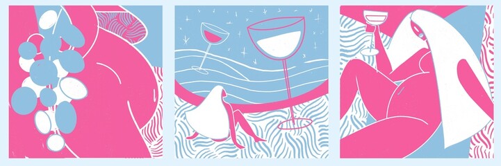 A set of raster abstract illustrations with a girl and wine. A set of pictures with a big girl and alcohol. Trend for printing, websites, magazines and advertising. Pink, white and blue. 