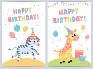 Cute birthday cards for kids with funny animals. vector illustration