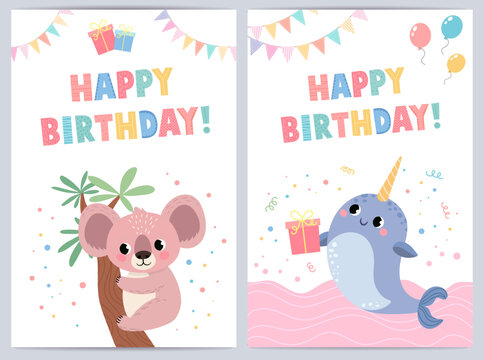 Cute birthday cards for kids with funny animals. vector illustration