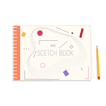 Paper sketchbook with cover. Abstract lines on cover, color elements. Sharp yellow pencil for drawings and white pages. Spiral binder notepad for sketches. 