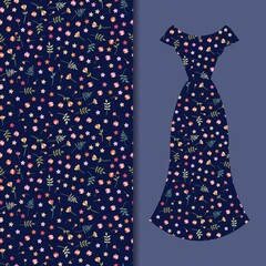 Ditsy floral seamless ornament with tiny flowers and green leaves on a dark blue background and a dress with this pattern.