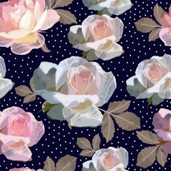 Seamless embroidered floral pattern with delicate white and pink roses on a black background with small white polka dots.