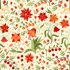 Seamless natural ornament with red-orange flowers, berries, green leaves, yellow polka dots on a light background. Floral print for fabric in vintage style. Vector illustration.