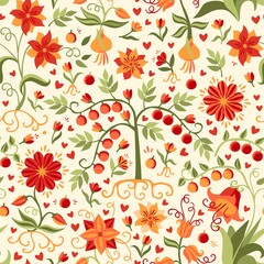 Natural seamless print for fabric with fabulous flowers, leaves, roots, tree, berries, hearts in orange, red, green colors on a light background.