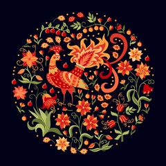 Obraz premium Round composition with a fabulous peacock, flowers, berries, leaves in red, orange and green tones on a black background. Print for card, bag, napkin, pillow in vintage style.