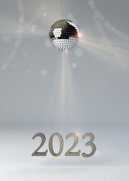 2023 new year party invitation with silver ribbons and steamers, lights and disco dance glitter ball. Bright, fun and very high resolution image for print and screen.