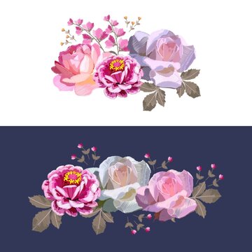 Two floral embroidered patterns on a white and dark blue background for clothes, bags, cards, napkins, pillows. Design elements in vector.