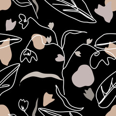 Seamless pattern of white flowers and leaves on black background.