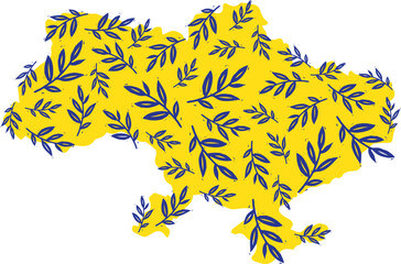 A beautiful plant illustration of the map of Ukraine. Linocut blue-yellow print map of Ukraine.