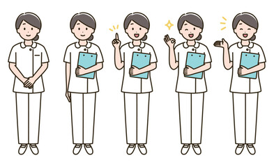 看護師女性の表情バリエーションのイラストセット（肌色ありバージョン）