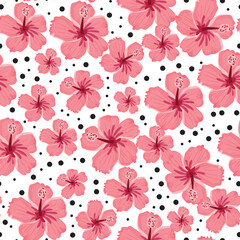 Seamless pattern with hibiscus flowers on white background.