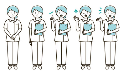 看護師女性の表情バリエーションのイラストセット（水色バージョン）