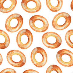 Bagel baking watercolor seamless pattern. Template for decorating designs and illustrations.