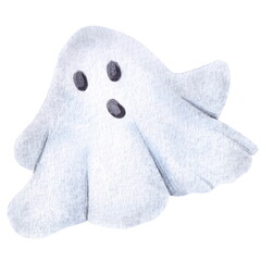 Hand drawn watercolor element for Halloween decoration. Cute funny flying ghost isolated on a white background.
