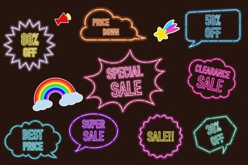 カラフルなネオンの吹き出しセット、セールのコンセプト.