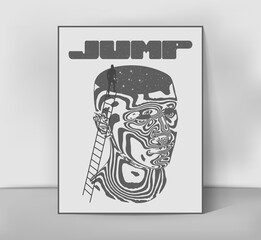 Retro futuristic poster with a head into which a man jumps. Abstract print for streetwear, print for t-shirts and sweatshirts on a white background