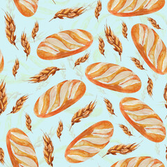 Bread and ears of wheat watercolor seamless pattern. Template for decorating designs and illustrations.
