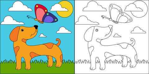 Dog and butterfly suitable for children's coloring page vector illustration