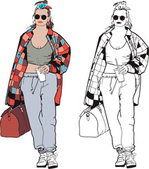 Stylish young girl in a top, a plaid shirt with a bag and a glass of delicious coffee. Fashion illustration. Isolated conceptual girl character with perfect style. drawing on a white background