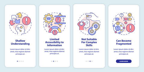 Disadvantages of microlearning onboarding mobile app screen. Limits walkthrough 4 steps editable graphic instructions with linear concepts. UI, UX, GUI template. Myriad Pro-Bold, Regular fonts used