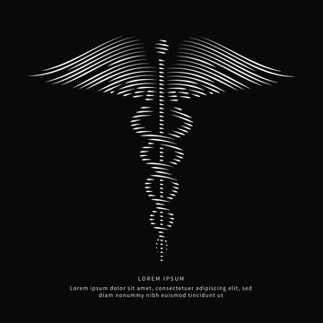 simple line art Vector logo Medicine symbol silhouette on a dark background. Snake medical icon, caduceus logo vector template suitable for organization, company, or community. EPS 10