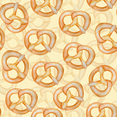 Pretzel baking watercolor seamless pattern. Template for decorating designs and illustrations.
