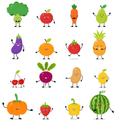 Set of colorful images of cute cartoon vegetables and fruits. Vector isolated elements on white background with different poses and emotions. Food cartoon characters concept.