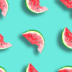 Seamless watercolor pattern with watermelon slices. Watercolor painting of half a watermelon on texture paper. A piece of watermelon.
