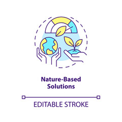 Nature based solutions concept icon. Dealing with pollutions. Global net zero goal abstract idea thin line illustration. Isolated outline drawing. Editable stroke. Arial, Myriad Pro-Bold fonts used