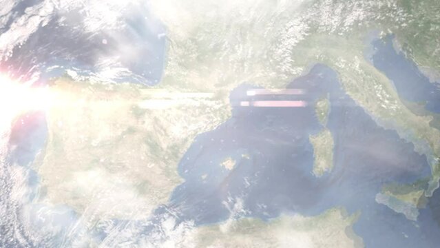 Earth zoom in from outer space to city. Zooming on Mataro, Spain. The animation continues by zoom out through clouds and atmosphere into space. Images from NASA