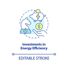 Investments in energy efficiency concept icon. Commerce. Net zero practice abstract idea thin line illustration. Isolated outline drawing. Editable stroke. Arial, Myriad Pro-Bold fonts used