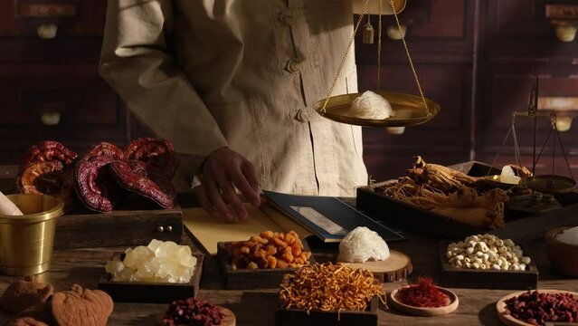 Herb doctor measuring the edible bird nest decorated with traditional medicine in wooden table , healthy food content , video clip stock