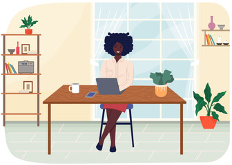 Workplace of african woman working from office. Employee using laptop computer for project creation. Brainstorming lady at workspace vector illustration. Dark-skinned girl during work with technology