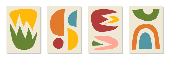 Set of 4 Matisse inspired wall art posters, brochure, flyer templates, contemporary collage. Organic line abstract pattern, hand drawn design, simple wallpaper. Dynamic shapes graphic vintage vector