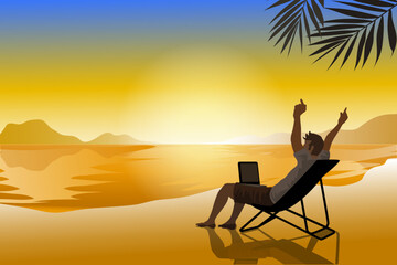 Man working and relaxation on vacation at the beach.  holiday relax and working concept