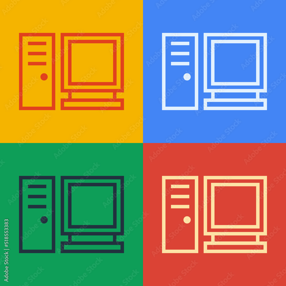 Poster pop art line computer monitor icon isolated on color background. pc component sign. vector illustrat
