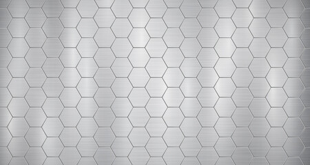 Abstract metallic background in gray colors with highlights, consisting of voluminous convex hexagonal plates