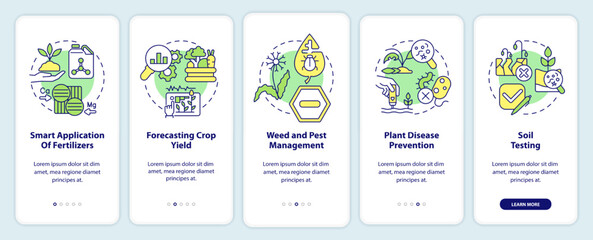 Increased crop yield onboarding mobile app screen. Agribusiness walkthrough 5 steps editable graphic instructions with linear concepts. UI, UX, GUI template. Myriad Pro-Bold, Regular fonts used